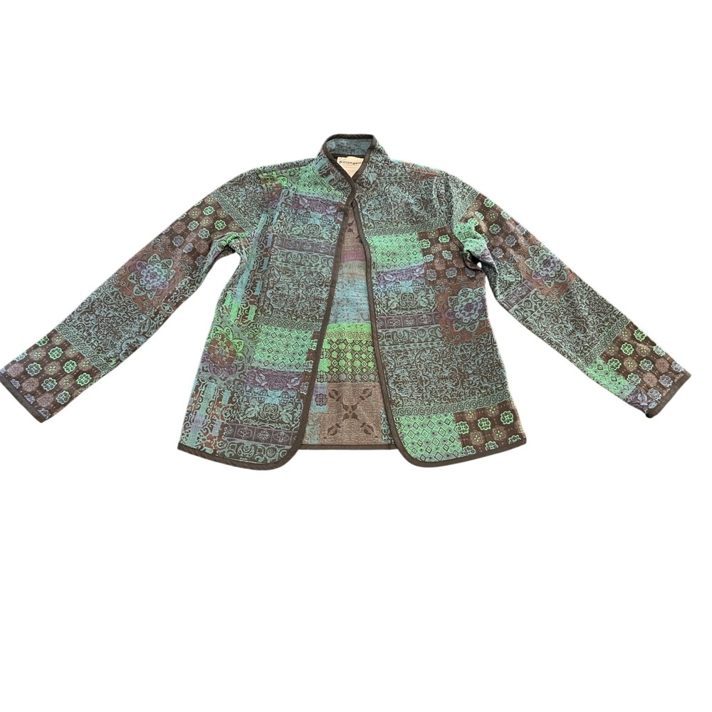 Serengeti Womens Small Patchwork Tapestry Jacket‎ Teal Green Damask Open Front